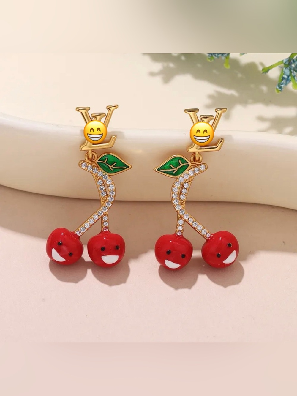 18K Gold Smiling Twin Cherries Micro Pave Diamond Accents Monogram Drop Earrings